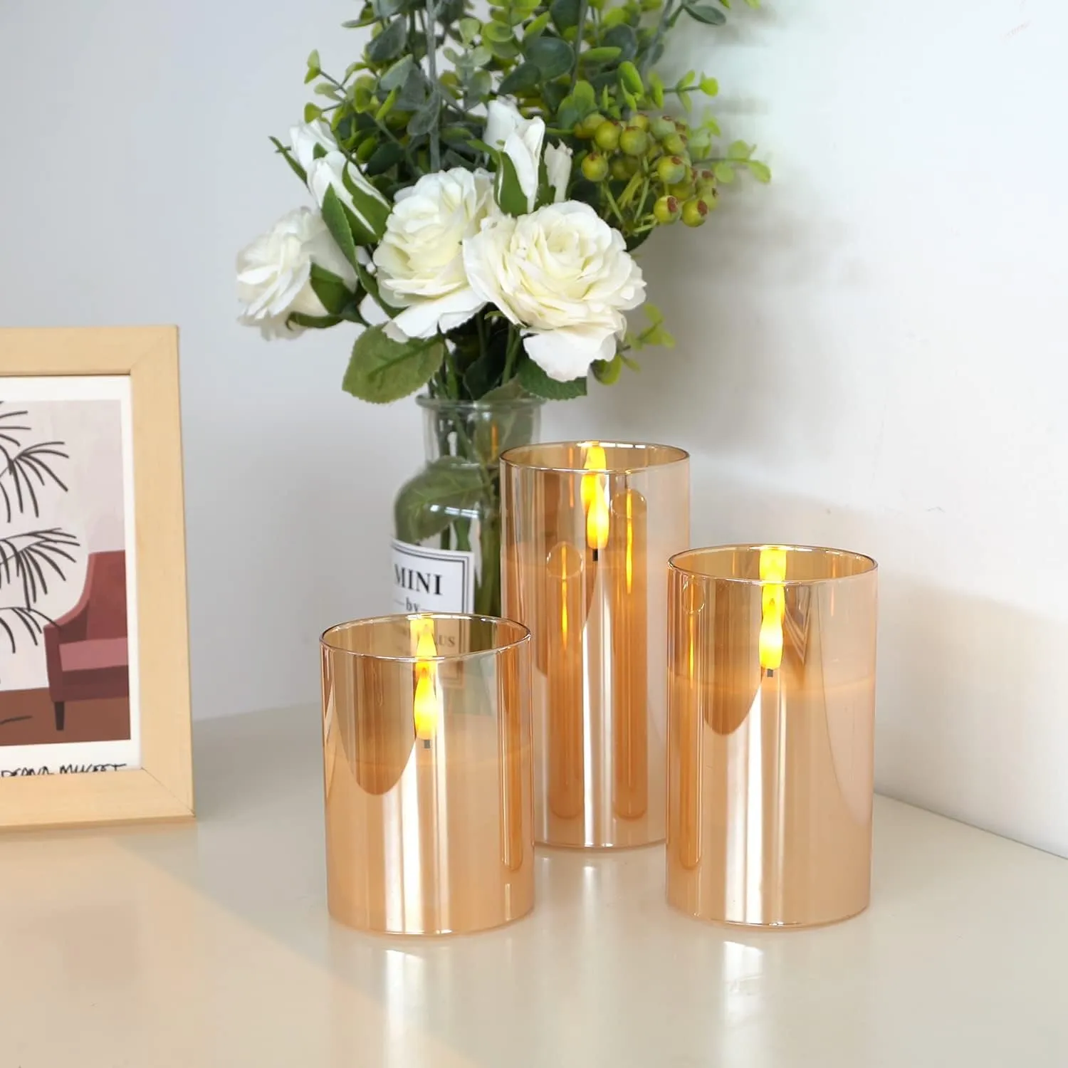 Amagic Glass Flameless Candles Battery Operated with Timer, Remote Control, LED Pillar Candles Battery Powered, Wax, Amber, Set of 3