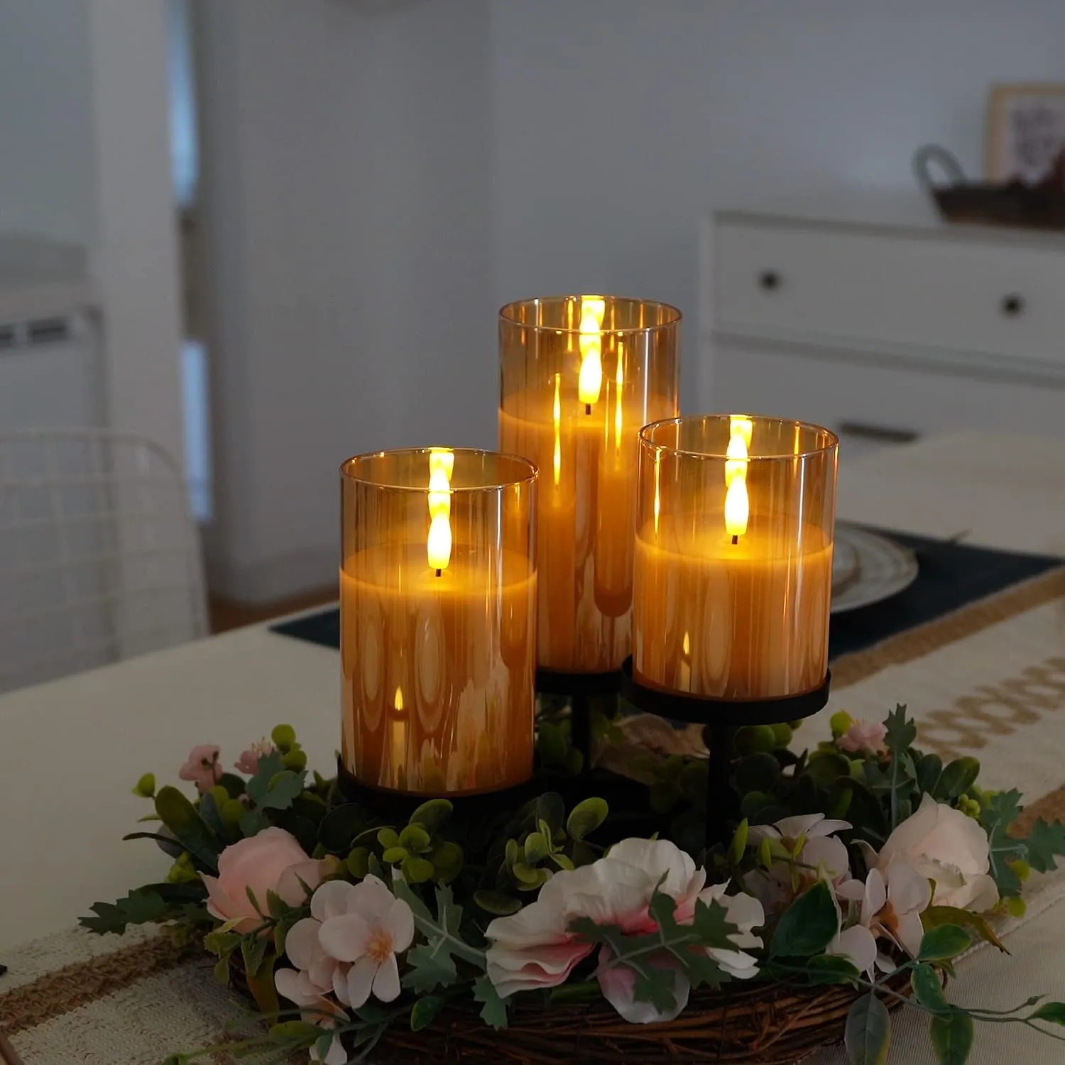 Amagic Glass Flameless Candles Battery Operated with Timer, Remote Control, LED Pillar Candles Battery Powered, Wax, Amber, Set of 3
