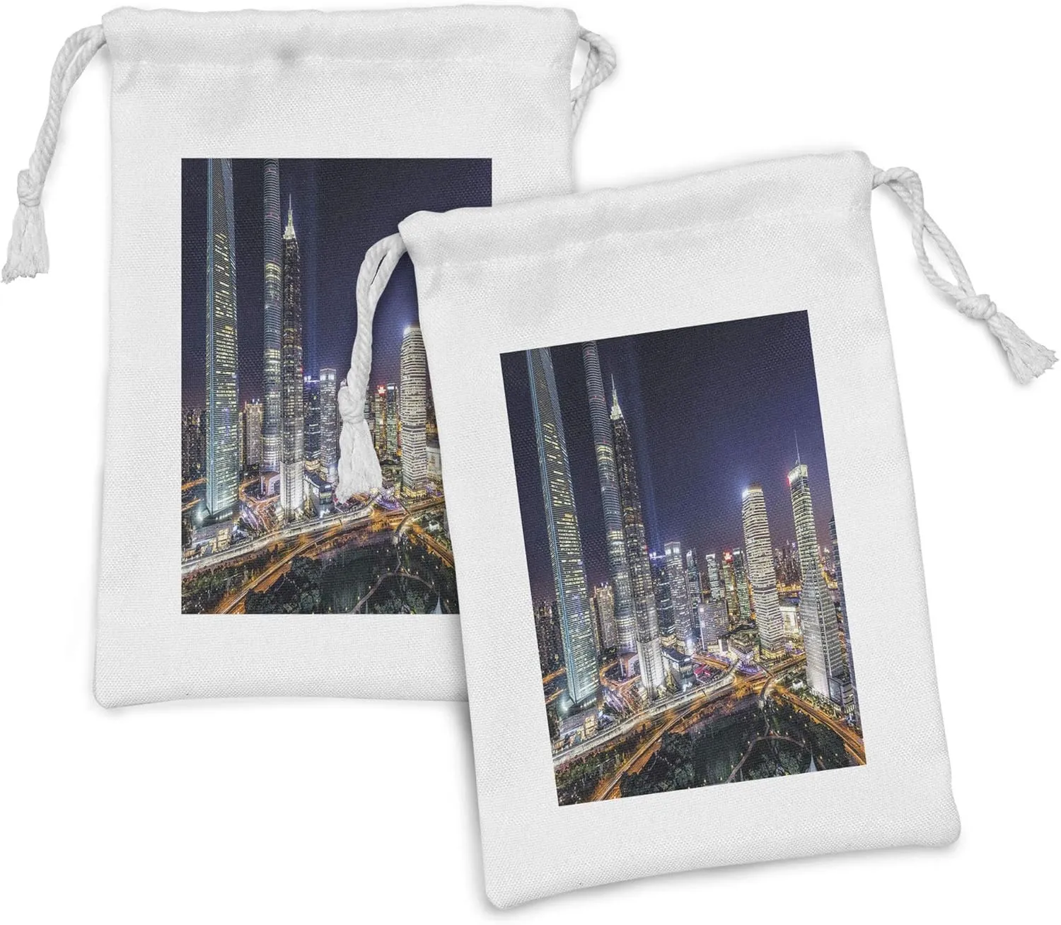 Ambesonne Urban Fabric Pouch Set of 2, Skyline Skyscrapers in Modern City at Night Architectural Cityscape Pattern, Small Drawstring Bag for Toiletries Masks and Favors, 9" x 6", Multicolor