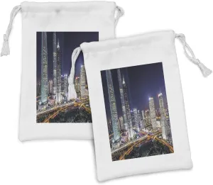 Ambesonne Urban Fabric Pouch Set of 2, Skyline Skyscrapers in Modern City at Night Architectural Cityscape Pattern, Small Drawstring Bag for Toiletries Masks and Favors, 9" x 6", Multicolor