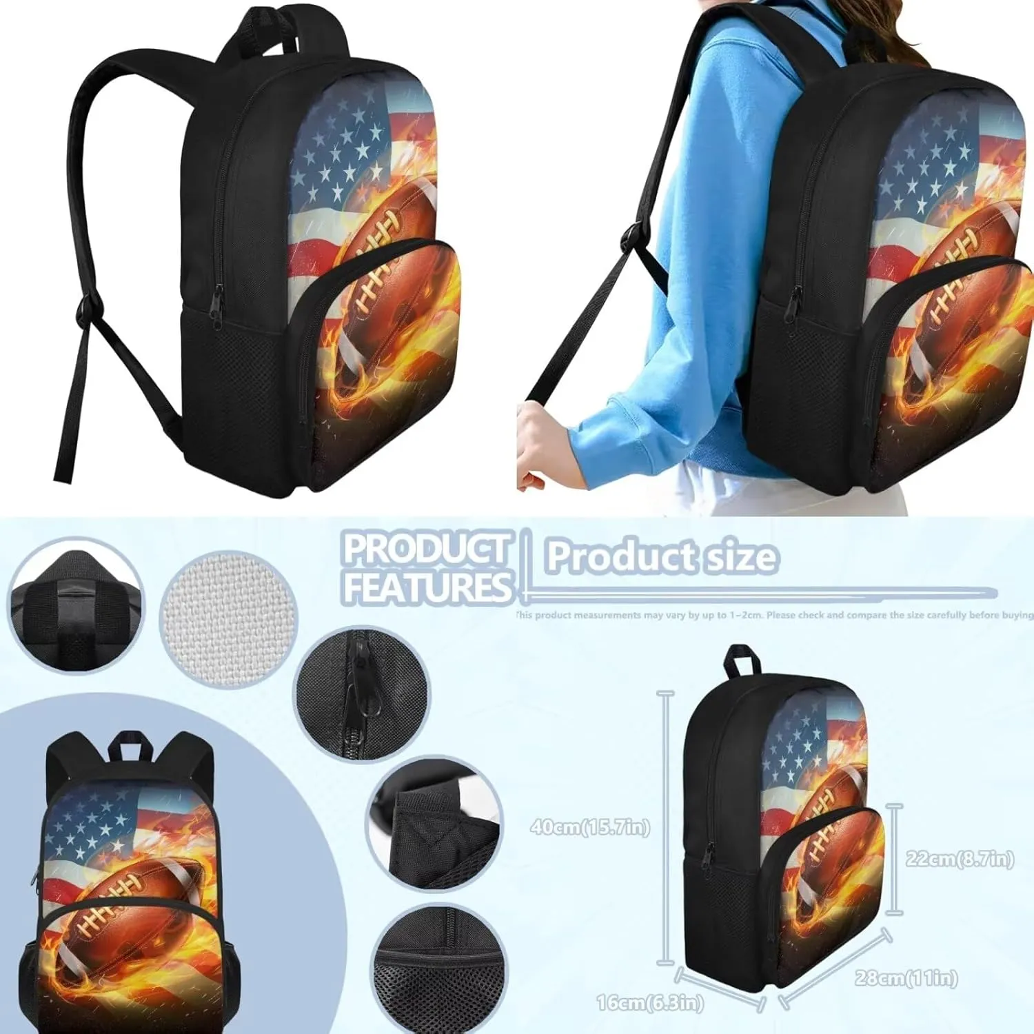 American Flag Football Patriot Large School Backpack for Teen Boys 3-Piece School Bags Set with Lunchbox Pencil Case Independence Day 14-16 Kids Large Book Bag July 4 Backpacks