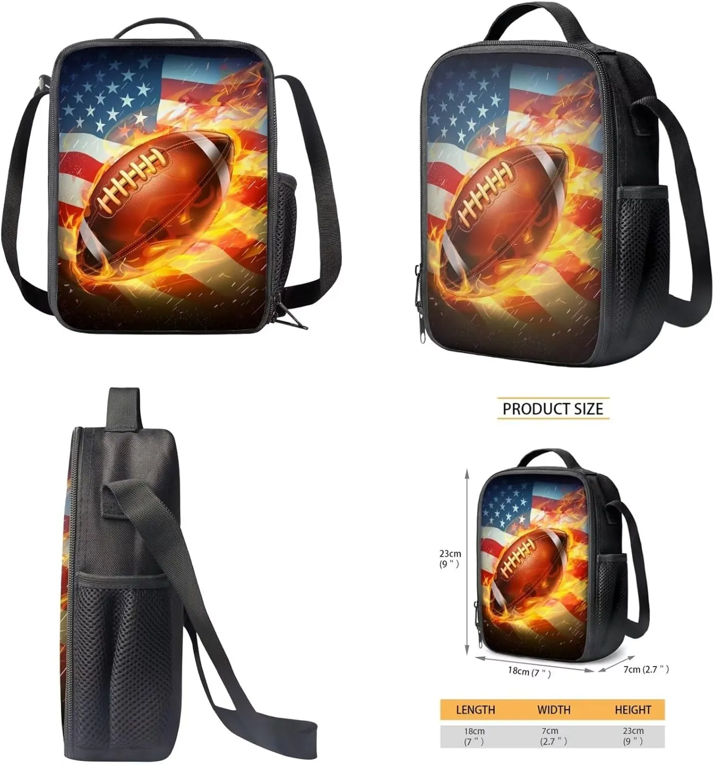 American Flag Football Patriot Large School Backpack for Teen Boys 3-Piece School Bags Set with Lunchbox Pencil Case Independence Day 14-16 Kids Large Book Bag July 4 Backpacks