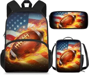 American Flag Football Patriot Large School Backpack for Teen Boys 3-Piece School Bags Set with Lunchbox Pencil Case Independence Day 14-16 Kids Large Book Bag July 4 Backpacks