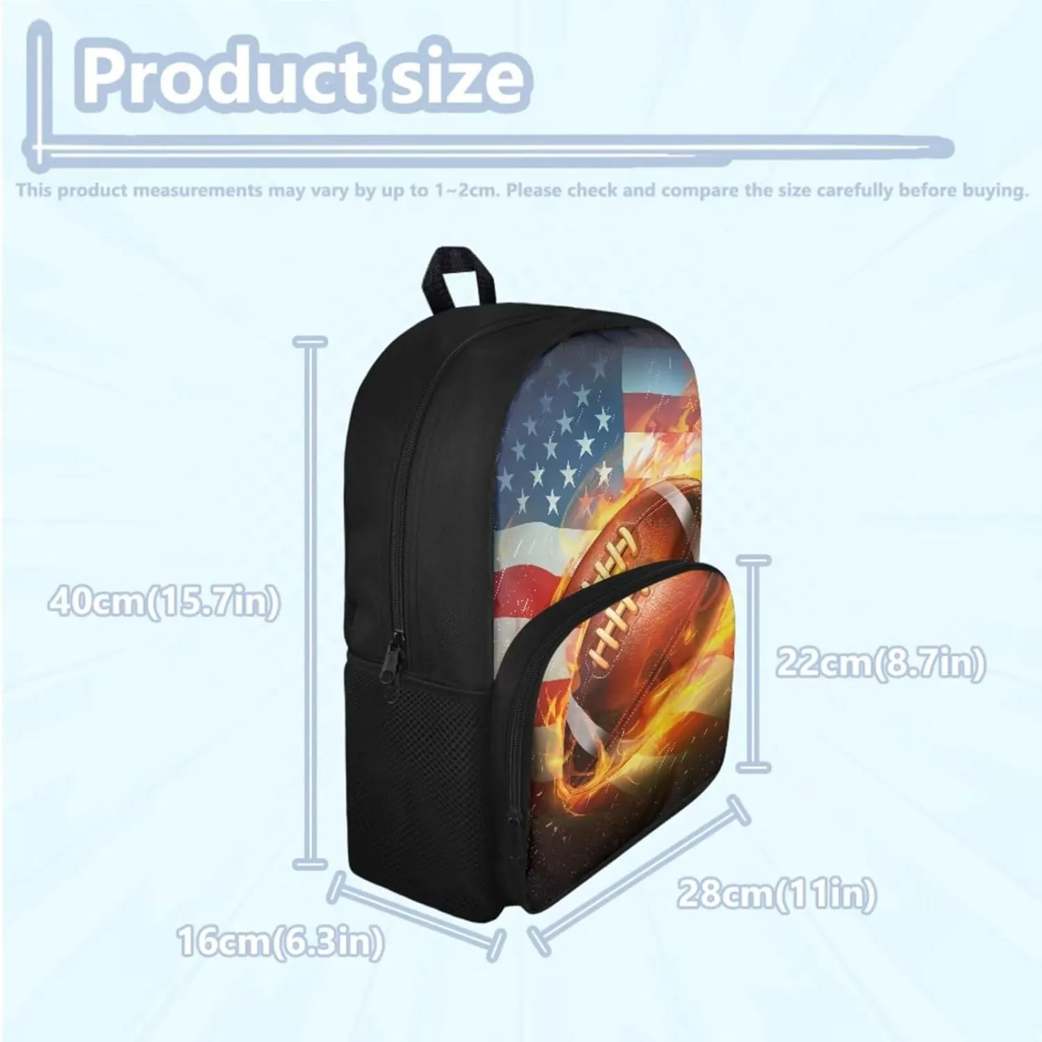 American Flag Football Patriot Large School Backpack for Teen Boys 3-Piece School Bags Set with Lunchbox Pencil Case Independence Day 14-16 Kids Large Book Bag July 4 Backpacks