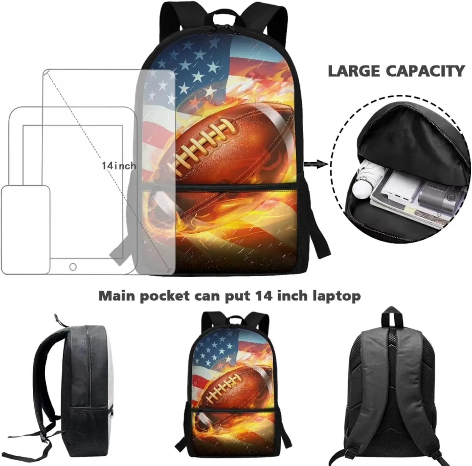 American Flag Football Patriotic Kids Bookbag and Lunch Box Set Boys School Backpack with Pencil Case 12-14 Kids Bookbags Independence Day Middle School Daypack Camping Backpacks 4 July