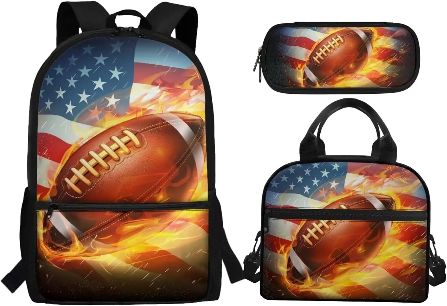 American Flag Football Patriotic Kids Bookbag and Lunch Box Set Boys School Backpack with Pencil Case 12-14 Kids Bookbags Independence Day Middle School Daypack Camping Backpacks 4 July