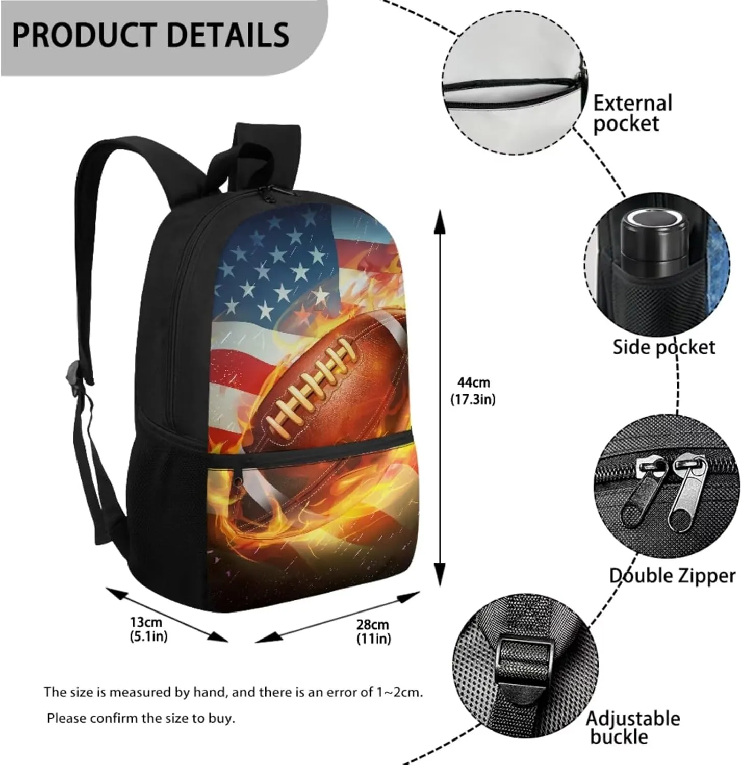 American Flag Football Patriotic Kids Bookbag and Lunch Box Set Boys School Backpack with Pencil Case 12-14 Kids Bookbags Independence Day Middle School Daypack Camping Backpacks 4 July