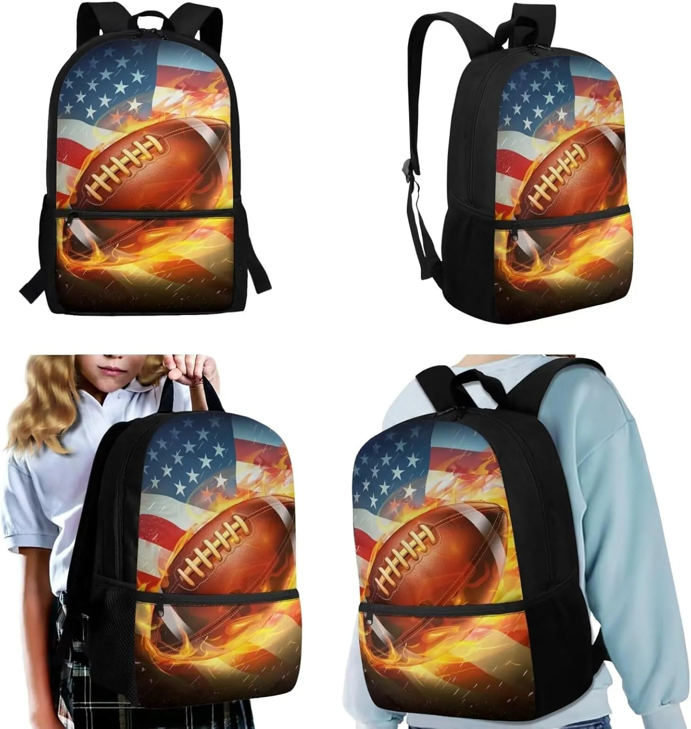 American Flag Football Patriotic Kids Bookbag and Lunch Box Set Boys School Backpack with Pencil Case 12-14 Kids Bookbags Independence Day Middle School Daypack Camping Backpacks 4 July