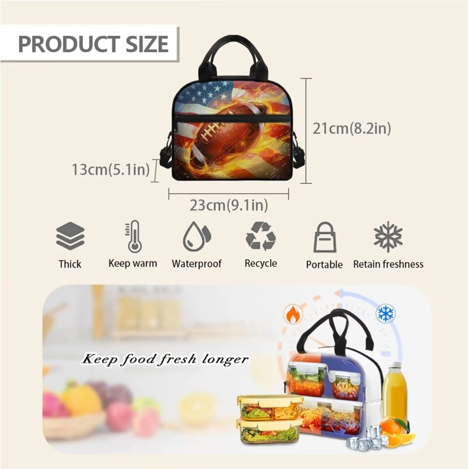 American Flag Football Patriotic Kids Bookbag and Lunch Box Set Boys School Backpack with Pencil Case 12-14 Kids Bookbags Independence Day Middle School Daypack Camping Backpacks 4 July