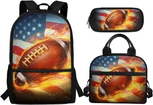 American Flag Football Patriotic Kids Bookbag and Lunch Box Set Boys School Backpack with Pencil Case 12-14 Kids Bookbags Independence Day Middle School Daypack Camping Backpacks 4 July