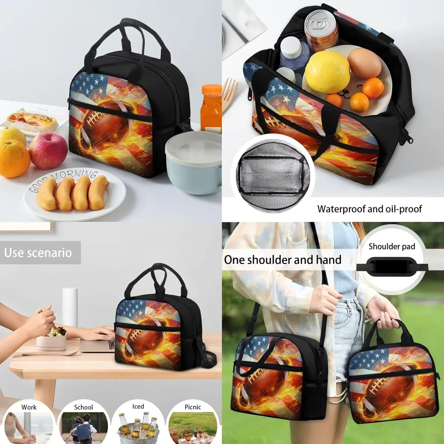 American Flag Football Patriotic Kids Bookbag and Lunch Box Set Boys School Backpack with Pencil Case 12-14 Kids Bookbags Independence Day Middle School Daypack Camping Backpacks 4 July