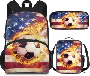 American Flag Soccer Patriotic Kids Bookbag and Lunch Box Set Boys School Backpack with Pencil Case Independence Day 4th of July Teen Camping Book Bags Flame Print Daypack Laptop Backpacks