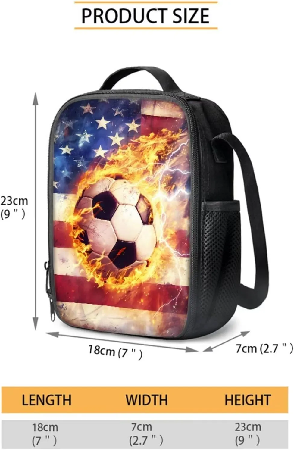 American Flag Soccer Patriotic Kids Bookbag and Lunch Box Set Boys School Backpack with Pencil Case Independence Day 4th of July Teen Camping Book Bags Flame Print Daypack Laptop Backpacks