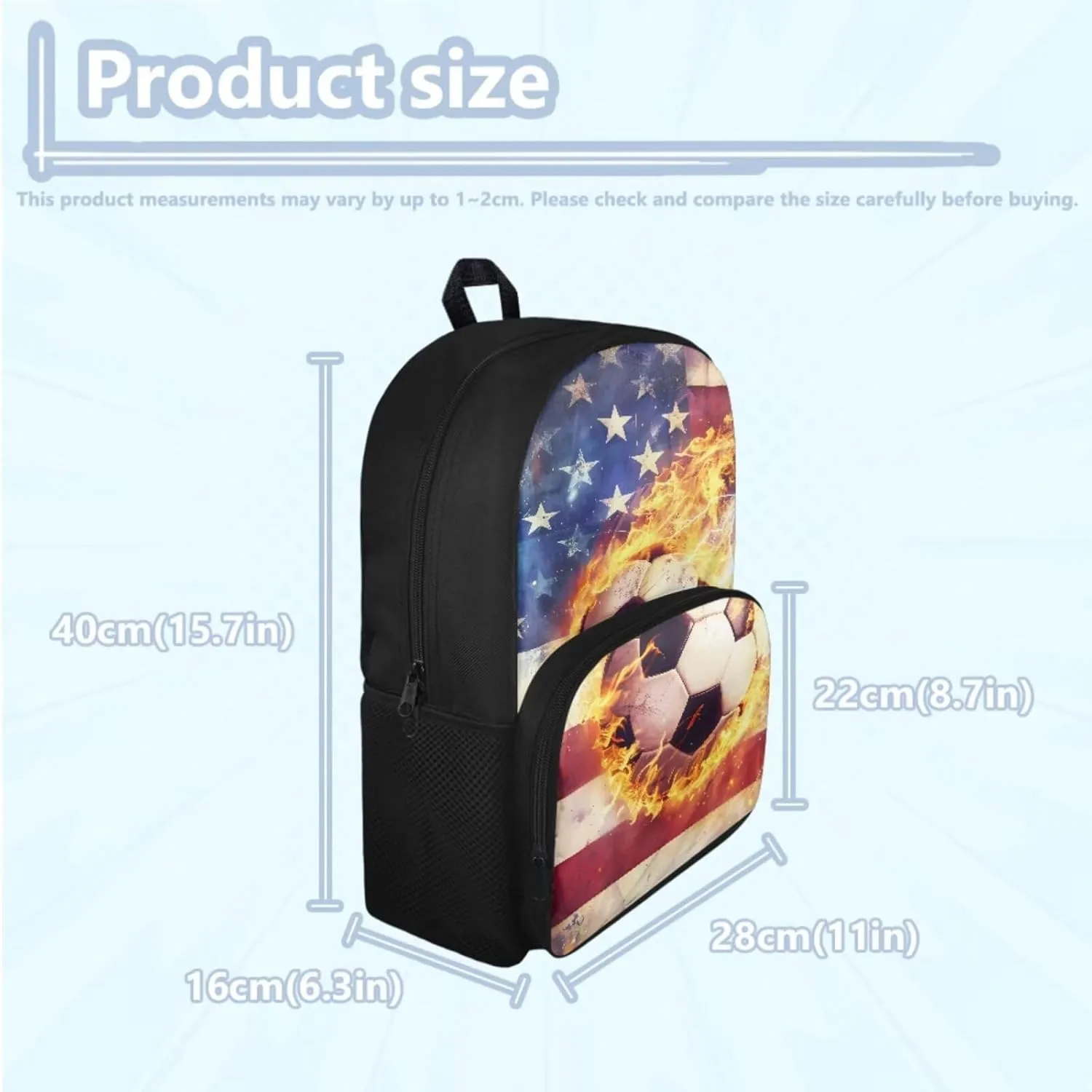 American Flag Soccer Patriotic Kids Bookbag and Lunch Box Set Boys School Backpack with Pencil Case Independence Day 4th of July Teen Camping Book Bags Flame Print Daypack Laptop Backpacks