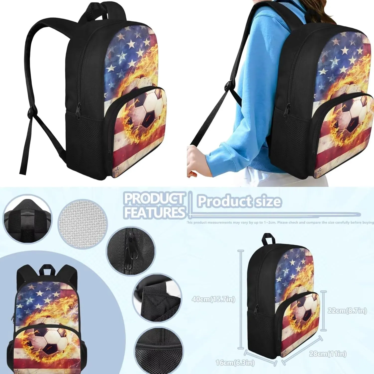 American Flag Soccer Patriotic Kids Bookbag and Lunch Box Set Boys School Backpack with Pencil Case Independence Day 4th of July Teen Camping Book Bags Flame Print Daypack Laptop Backpacks