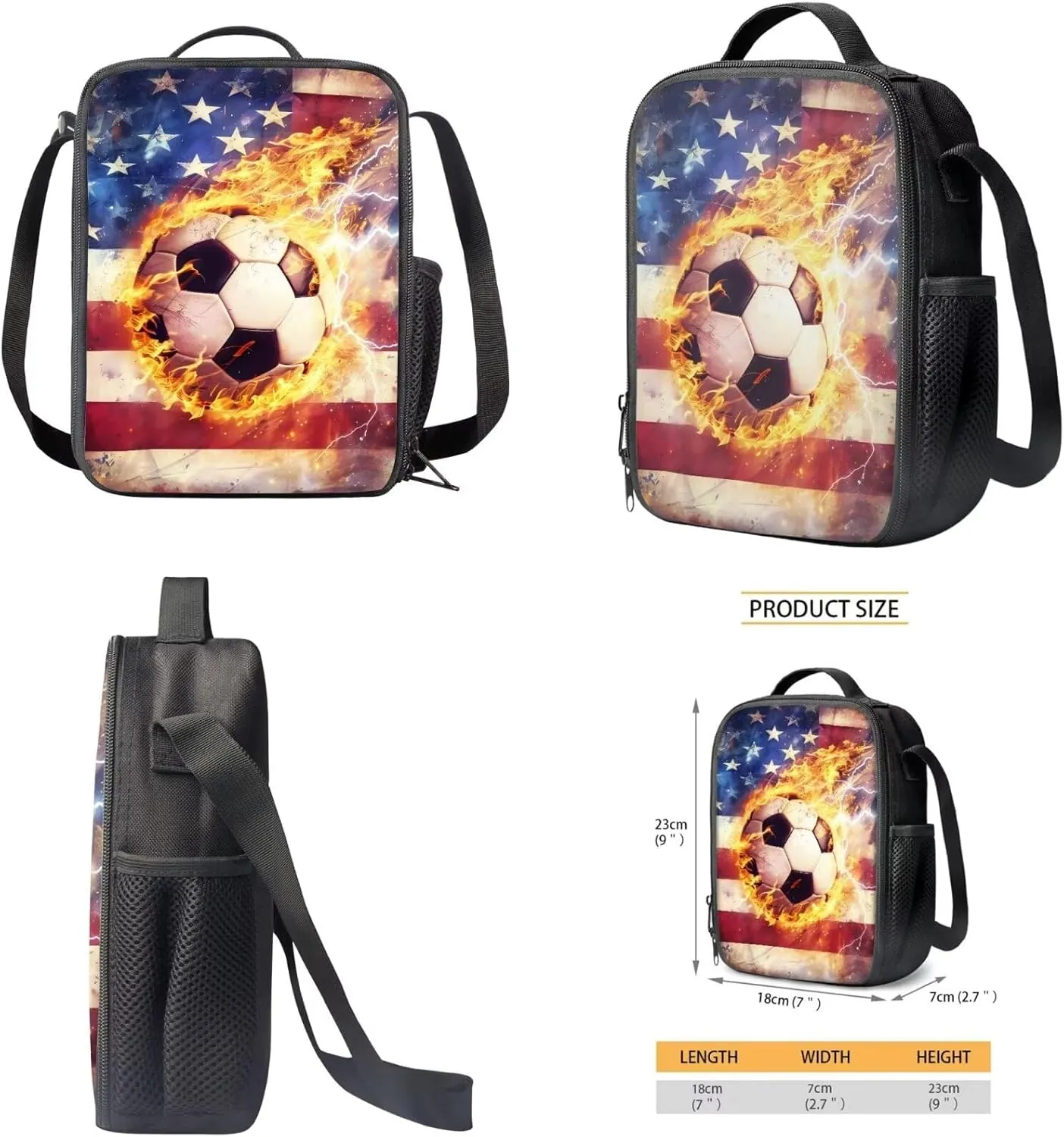 American Flag Soccer Patriotic Kids Bookbag and Lunch Box Set Boys School Backpack with Pencil Case Independence Day 4th of July Teen Camping Book Bags Flame Print Daypack Laptop Backpacks