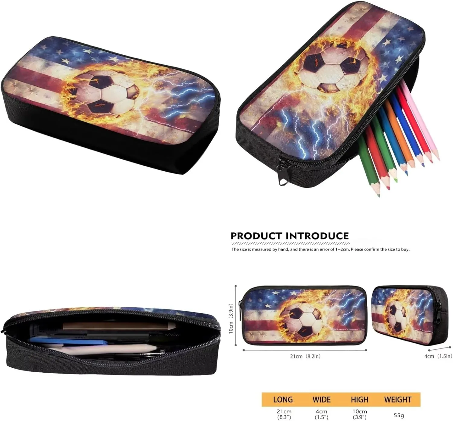 American Flag Soccer Patriotic Kids Bookbag and Lunch Box Set Boys School Backpack with Pencil Case Independence Day 4th of July Teen Camping Book Bags Flame Print Daypack Laptop Backpacks