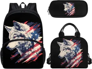 American Flag Wolf Backpack with Waterproof Lunch Box Kit Pencil Case for Kids School Book Bag Set of 3, Lightweight Back to School Gift