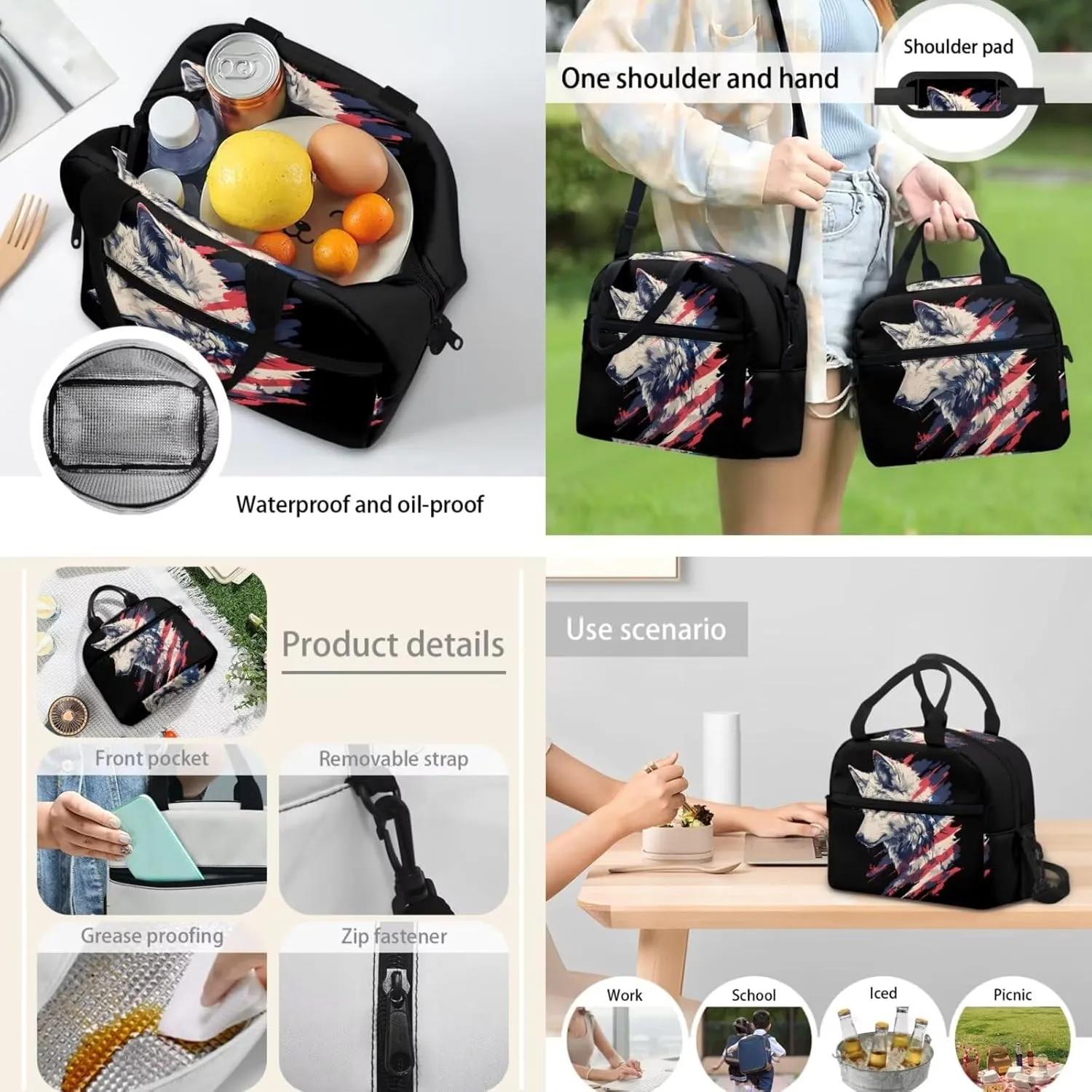American Flag Wolf Backpack with Waterproof Lunch Box Kit Pencil Case for Kids School Book Bag Set of 3, Lightweight Back to School Gift