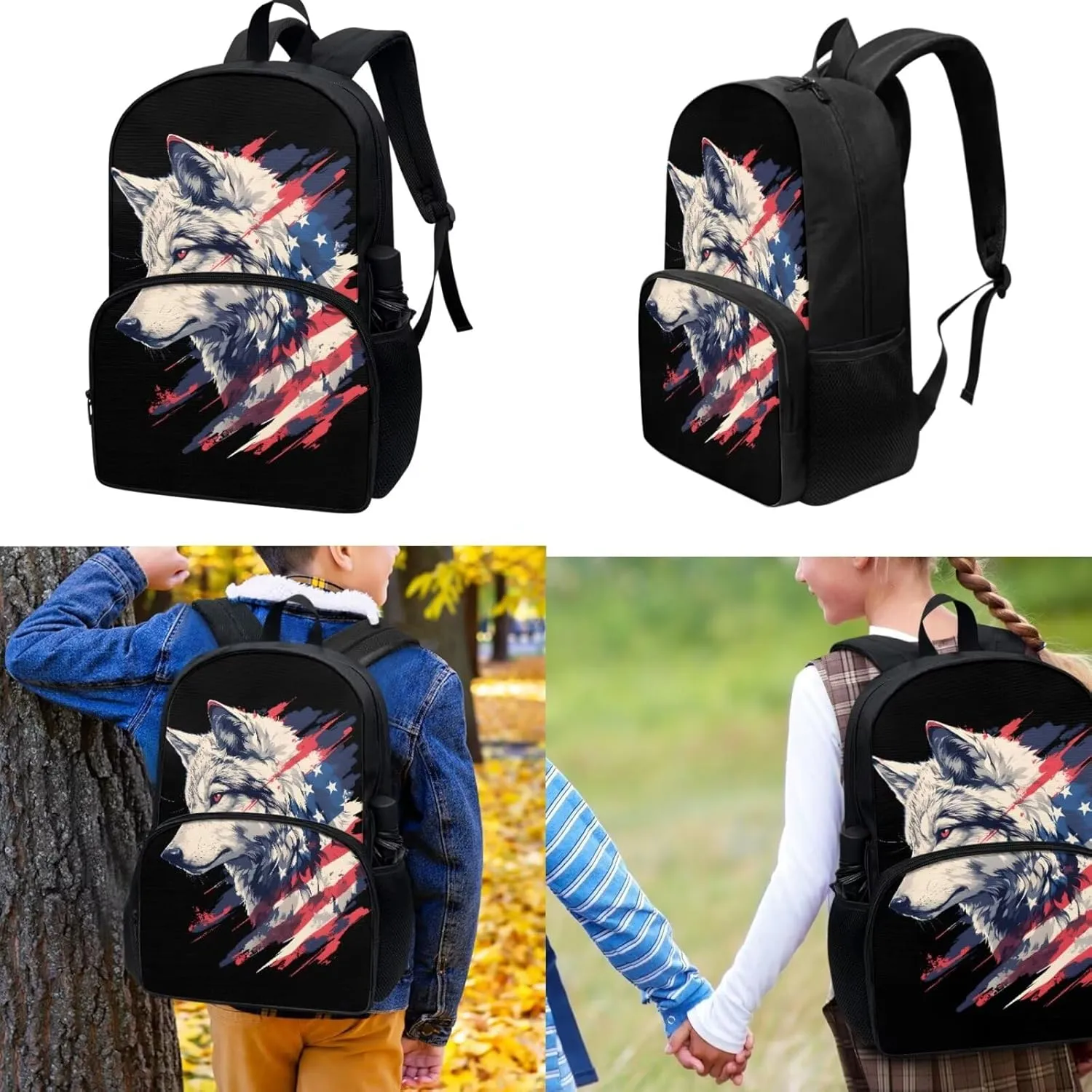 American Flag Wolf Backpack with Waterproof Lunch Box Kit Pencil Case for Kids School Book Bag Set of 3, Lightweight Back to School Gift