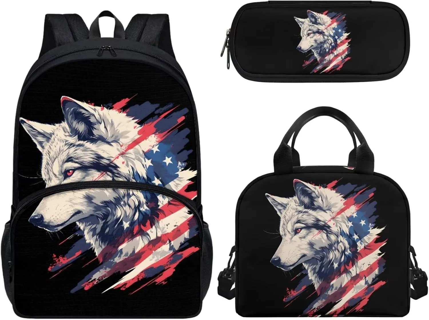American Flag Wolf Backpack with Waterproof Lunch Box Kit Pencil Case for Kids School Book Bag Set of 3, Lightweight Back to School Gift