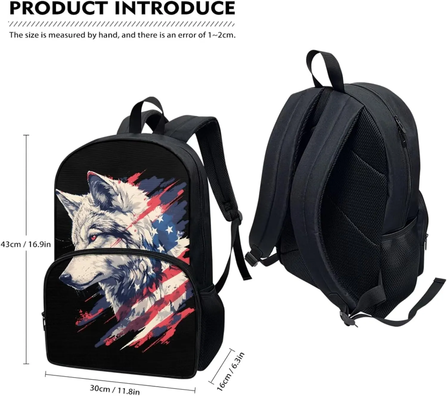 American Flag Wolf Backpack with Waterproof Lunch Box Kit Pencil Case for Kids School Book Bag Set of 3, Lightweight Back to School Gift