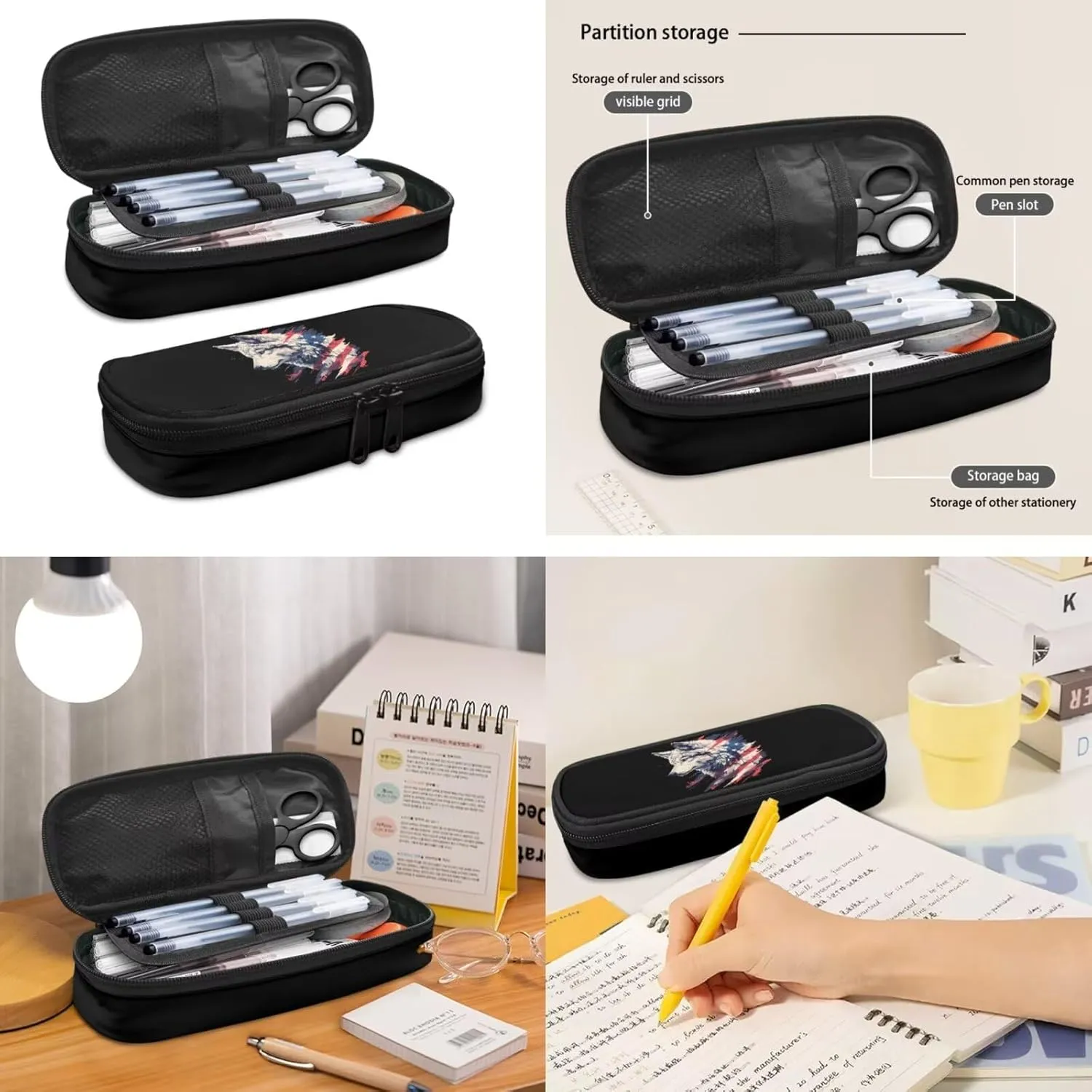 American Flag Wolf Backpack with Waterproof Lunch Box Kit Pencil Case for Kids School Book Bag Set of 3, Lightweight Back to School Gift
