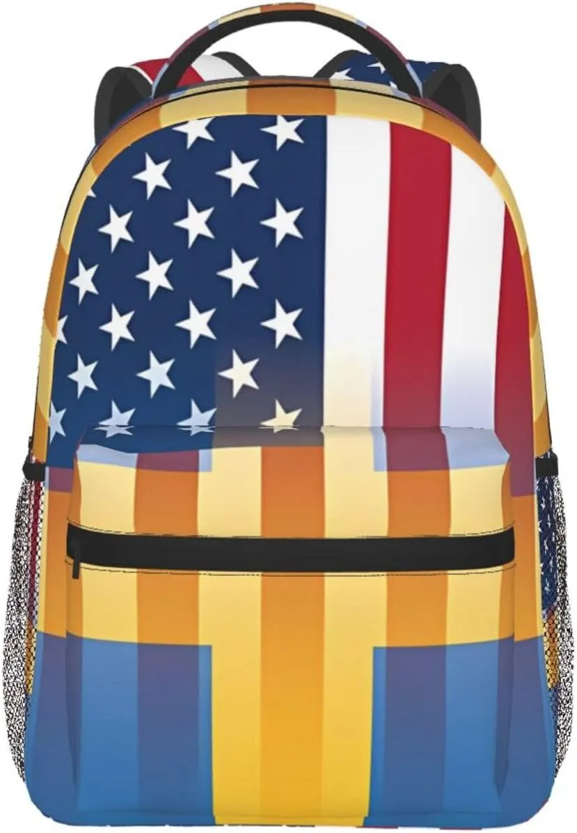 American Swedish Sweden Flag Backpack Double Shoulder Bag 15 Inch Laptop Bagpack for Hiking Work Camping Travel