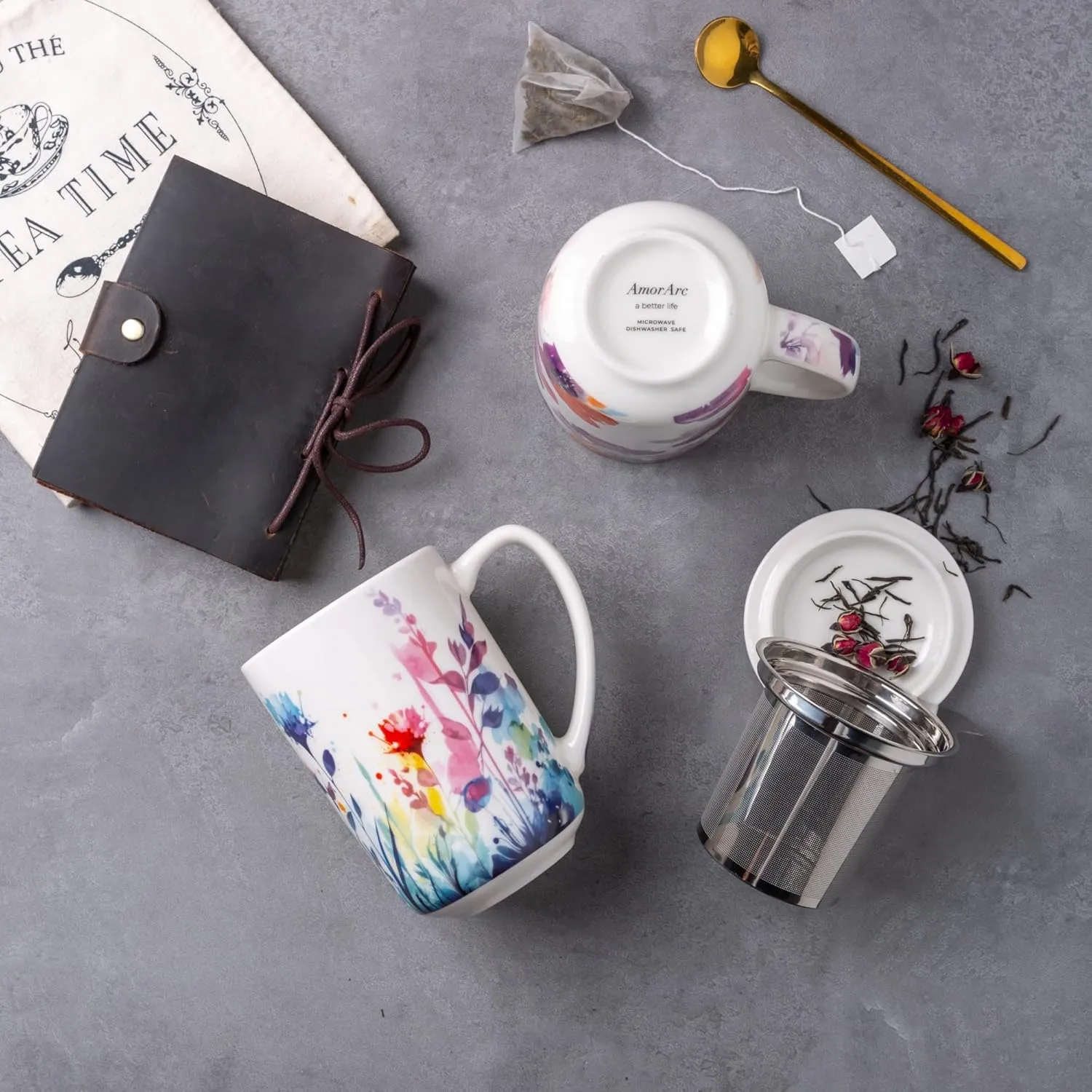 AmorArc Porcelain Tea Mug with Infuser and Lids, 18 Oz Large Cup Strainer with Bag Holder for Loose Leaf Tea, Steeping Coffee Mug for House-warming Wedding Birthday Gift