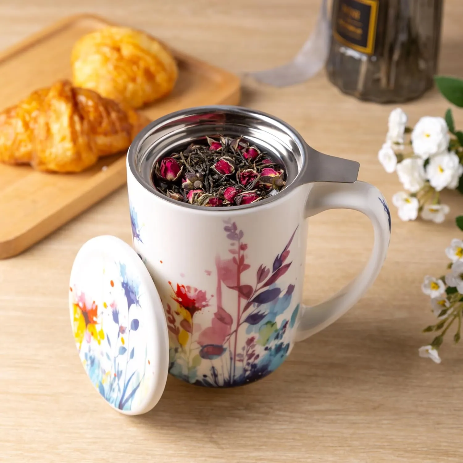 AmorArc Porcelain Tea Mug with Infuser and Lids, 18 Oz Large Cup Strainer with Bag Holder for Loose Leaf Tea, Steeping Coffee Mug for House-warming Wedding Birthday Gift