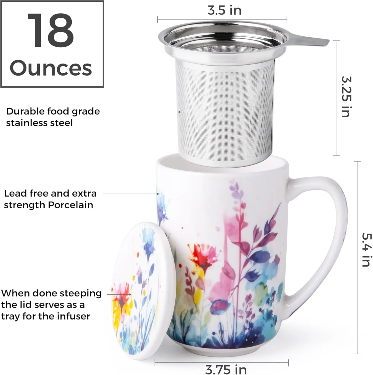 AmorArc Porcelain Tea Mug with Infuser and Lids, 18 Oz Large Cup Strainer with Bag Holder for Loose Leaf Tea, Steeping Coffee Mug for House-warming Wedding Birthday Gift