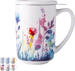 AmorArc Porcelain Tea Mug with Infuser and Lids, 18 Oz Large Cup Strainer with Bag Holder for Loose Leaf Tea, Steeping Coffee Mug for House-warming Wedding Birthday Gift