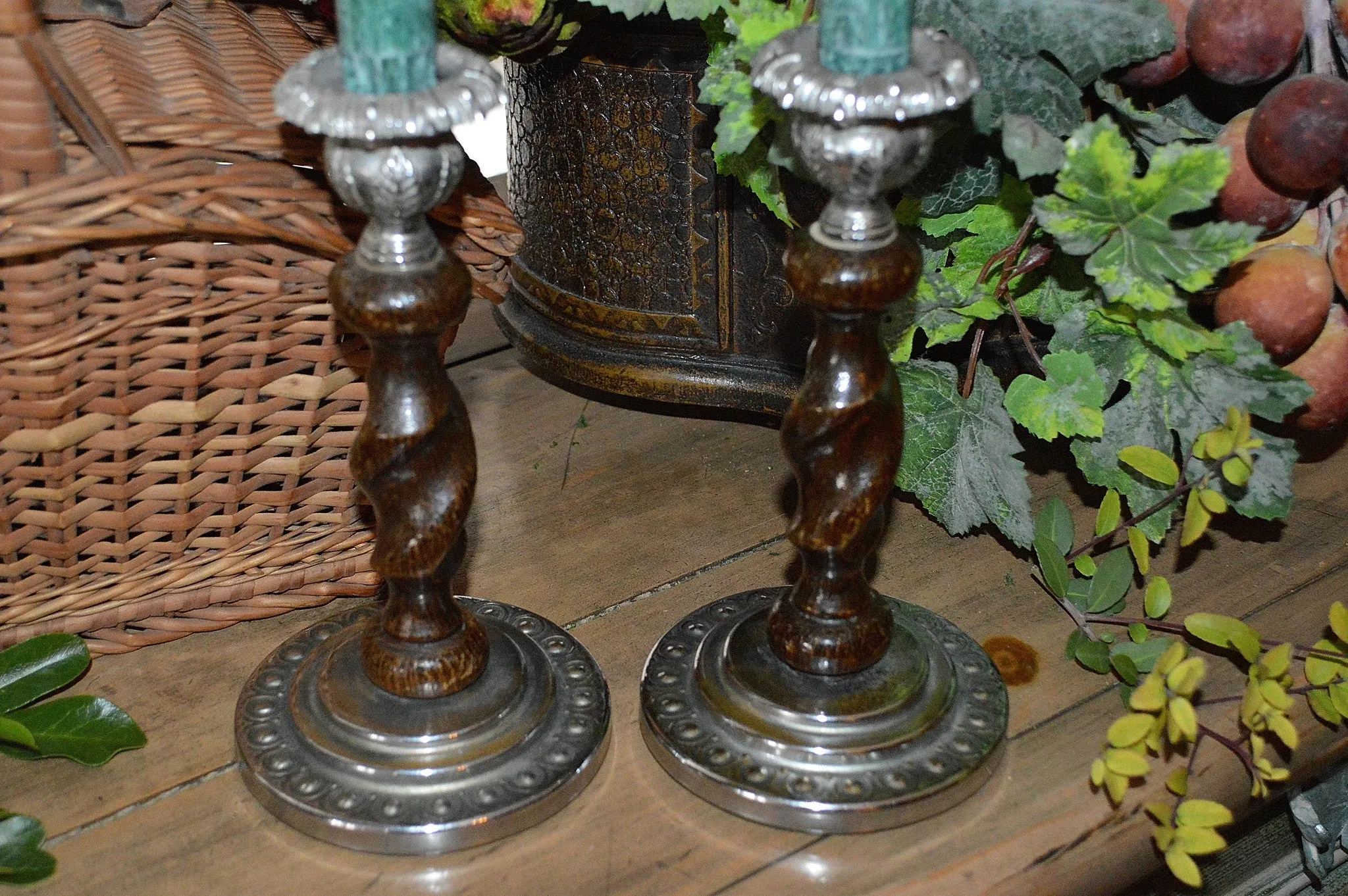Antique English Barley Twist Candlesticks Pair Oak Chrome Candle Holders