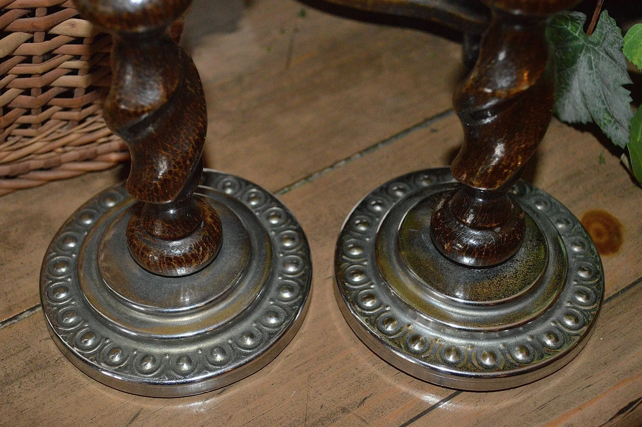 Antique English Barley Twist Candlesticks Pair Oak Chrome Candle Holders