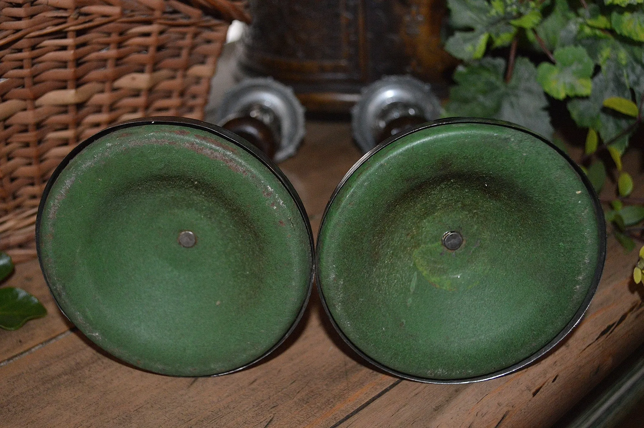 Antique English Barley Twist Candlesticks Pair Oak Chrome Candle Holders