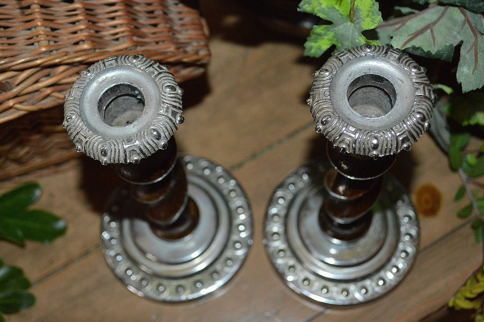 Antique English Barley Twist Candlesticks Pair Oak Chrome Candle Holders