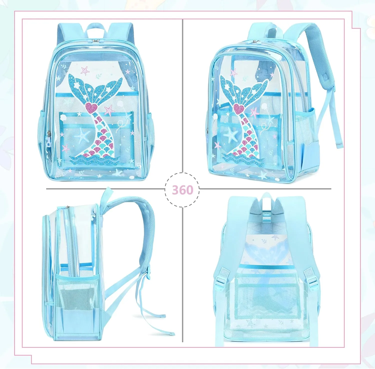 AO ALI VICTORY Clear Backpack for Boys Girls,15.6 Inch Kids Clear Backpack Set with Lunch Bag Pencil Case PVC Elementary Bookbag School Student See Through Transparent Travel Back Pack, Blue Mermaid