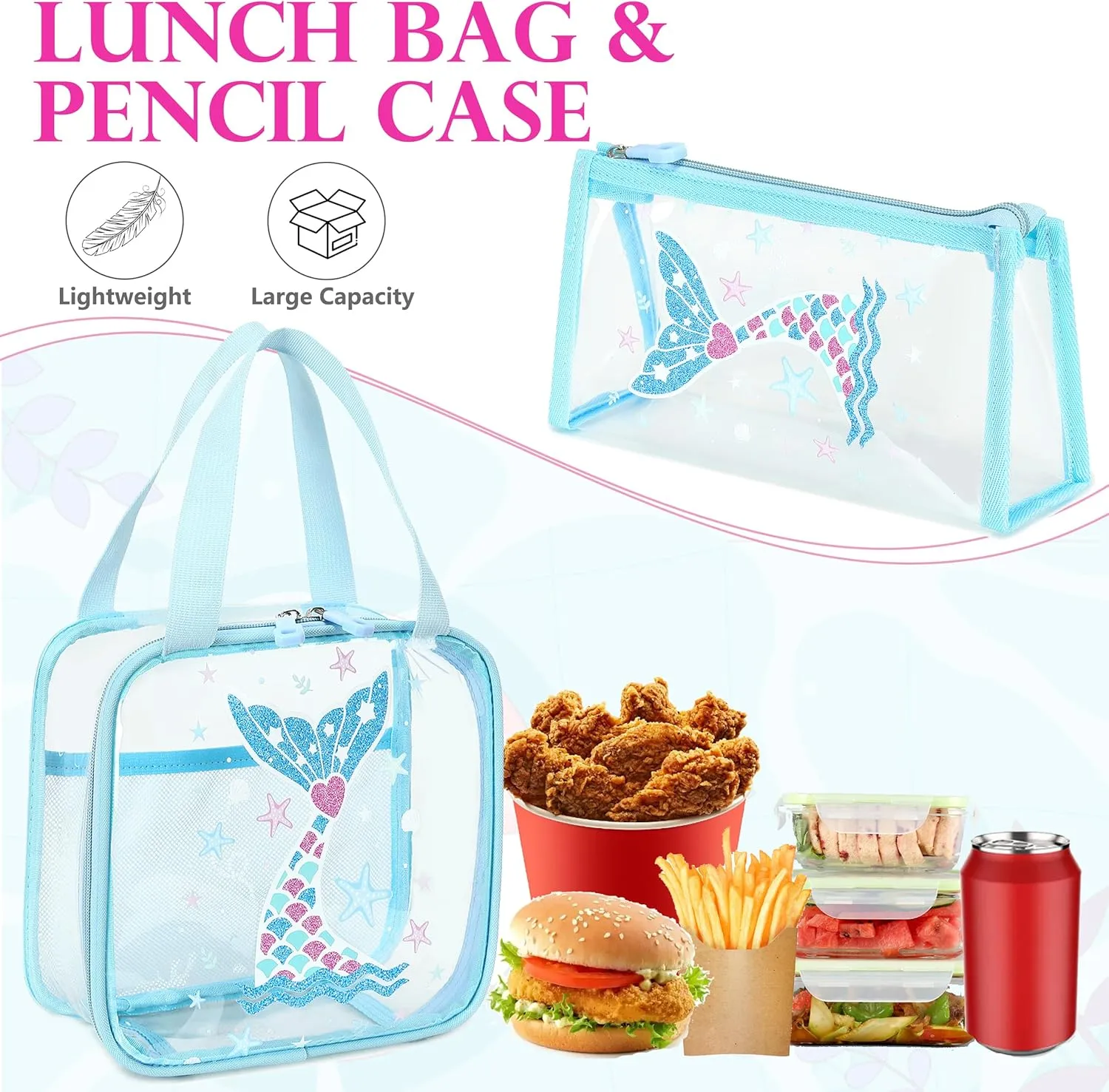 AO ALI VICTORY Clear Backpack for Boys Girls,15.6 Inch Kids Clear Backpack Set with Lunch Bag Pencil Case PVC Elementary Bookbag School Student See Through Transparent Travel Back Pack, Blue Mermaid