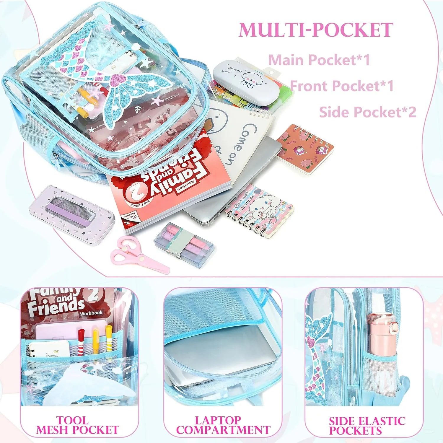 AO ALI VICTORY Clear Backpack for Boys Girls,15.6 Inch Kids Clear Backpack Set with Lunch Bag Pencil Case PVC Elementary Bookbag School Student See Through Transparent Travel Back Pack, Blue Mermaid