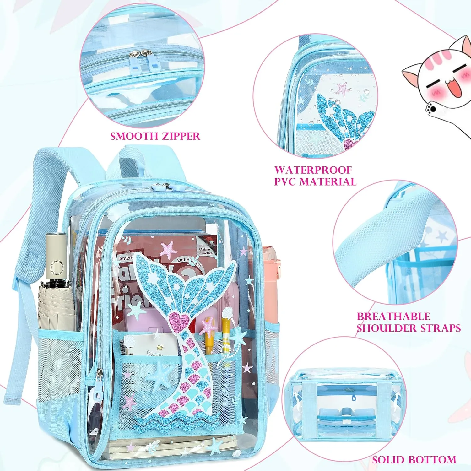 AO ALI VICTORY Clear Backpack for Boys Girls,15.6 Inch Kids Clear Backpack Set with Lunch Bag Pencil Case PVC Elementary Bookbag School Student See Through Transparent Travel Back Pack, Blue Mermaid