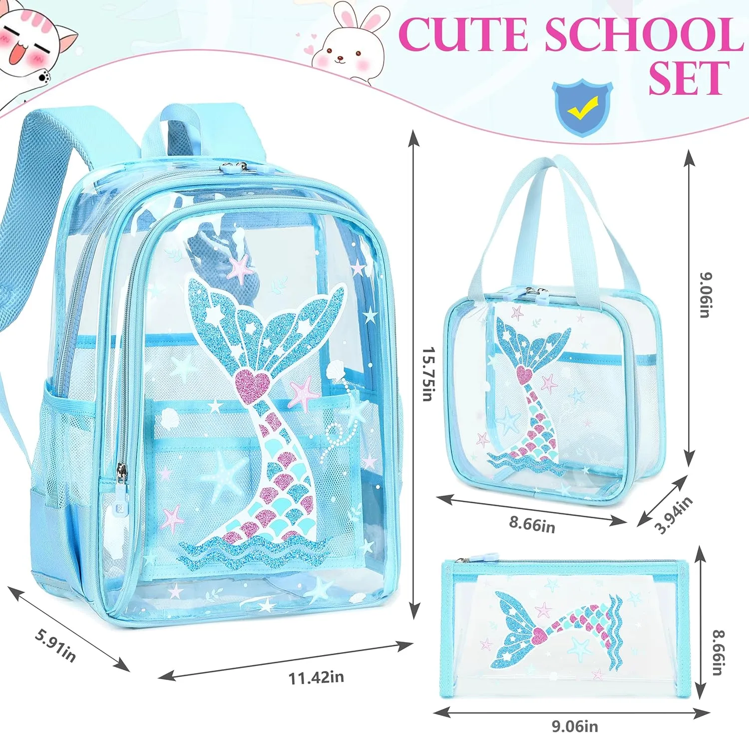 AO ALI VICTORY Clear Backpack for Boys Girls,15.6 Inch Kids Clear Backpack Set with Lunch Bag Pencil Case PVC Elementary Bookbag School Student See Through Transparent Travel Back Pack, Blue Mermaid