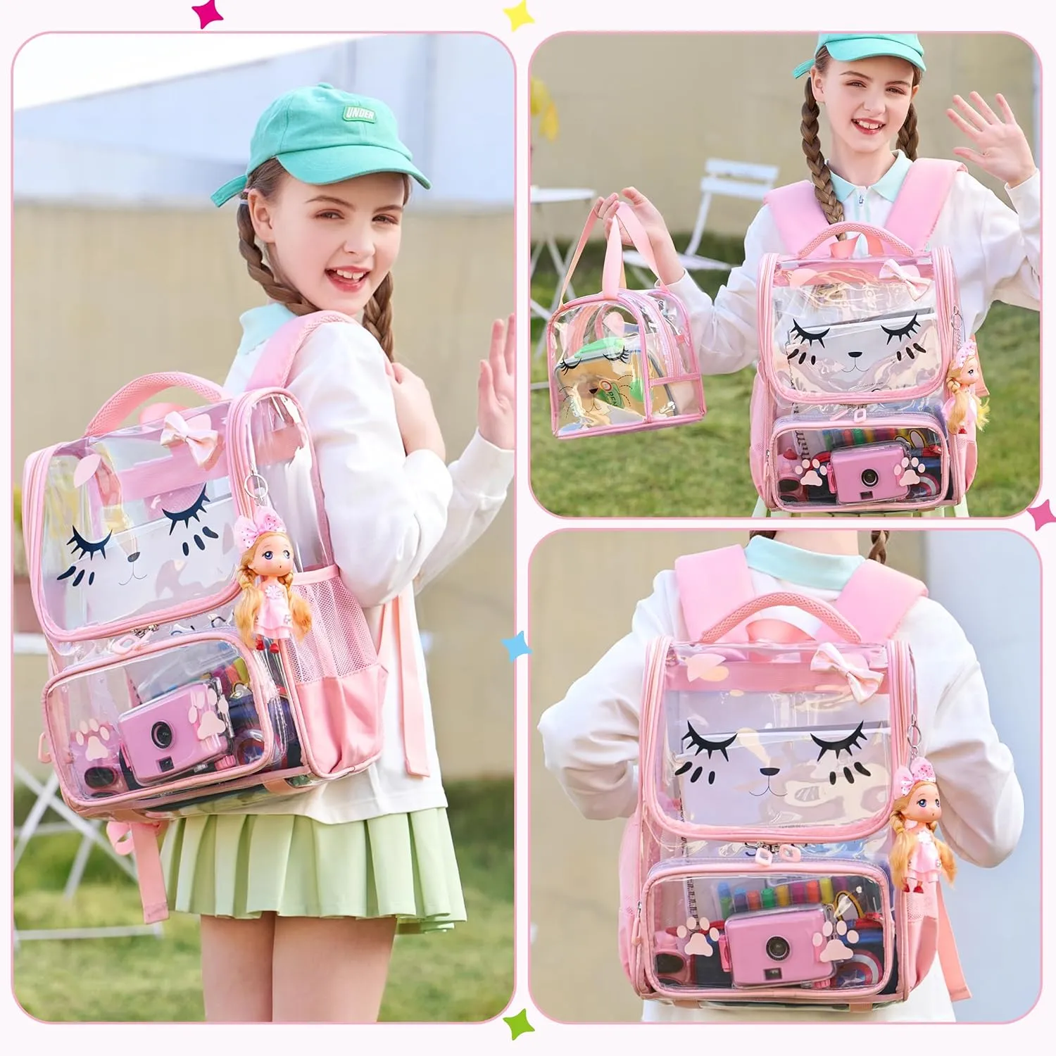 AO ALI VICTORY Clear Girls Backpacks Heavy Duty PVC Transparent Cute Backpack for Kids Toddler Girls Preschool Bookbags Elementary School Bag See Through Casual Travel Daypack, Pink
