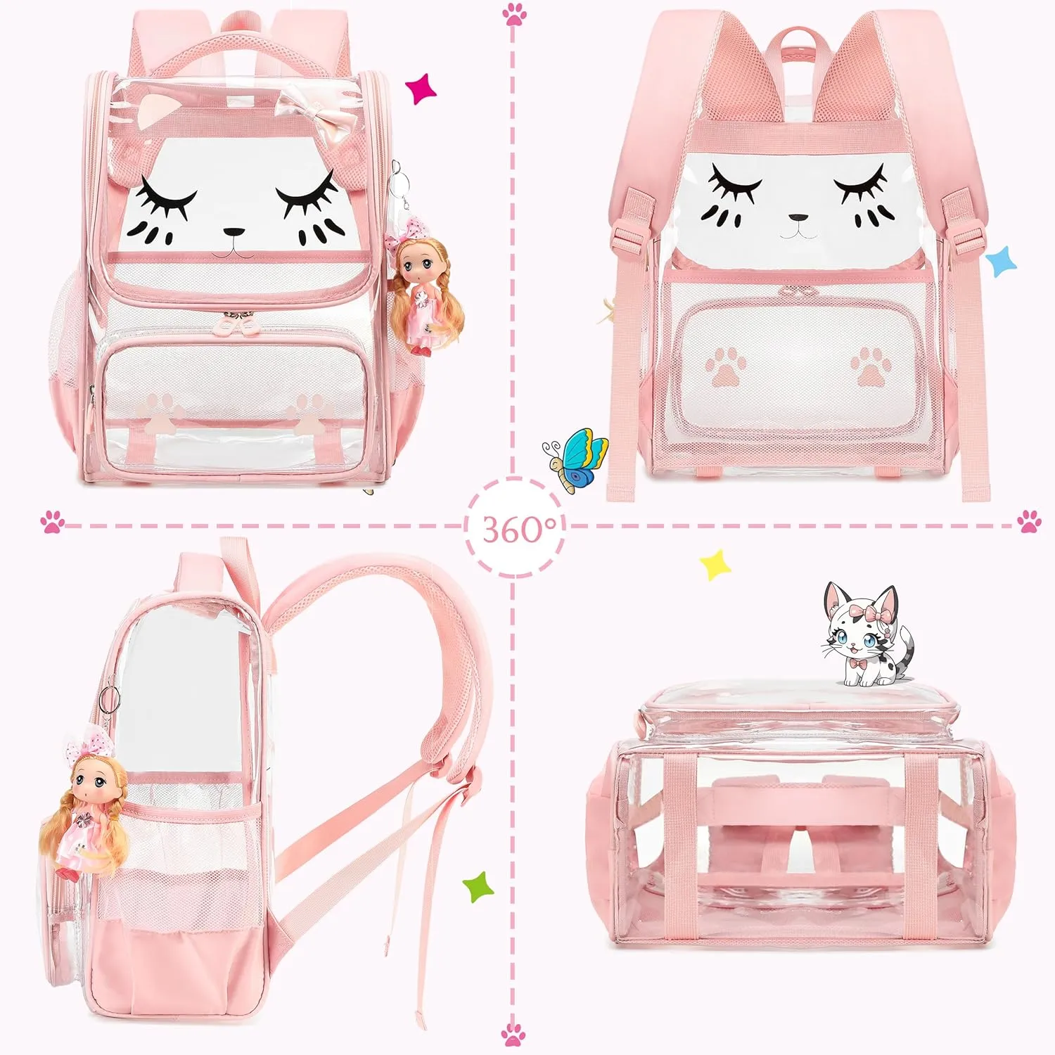 AO ALI VICTORY Clear Girls Backpacks Heavy Duty PVC Transparent Cute Backpack for Kids Toddler Girls Preschool Bookbags Elementary School Bag See Through Casual Travel Daypack, Pink