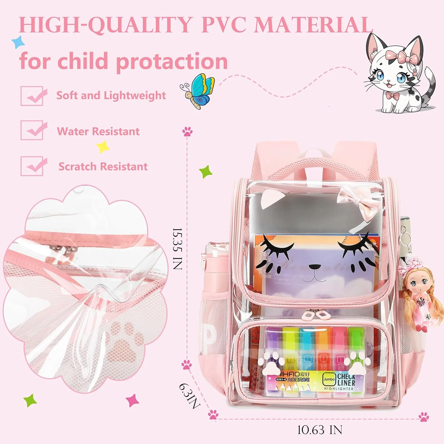 AO ALI VICTORY Clear Girls Backpacks Heavy Duty PVC Transparent Cute Backpack for Kids Toddler Girls Preschool Bookbags Elementary School Bag See Through Casual Travel Daypack, Pink