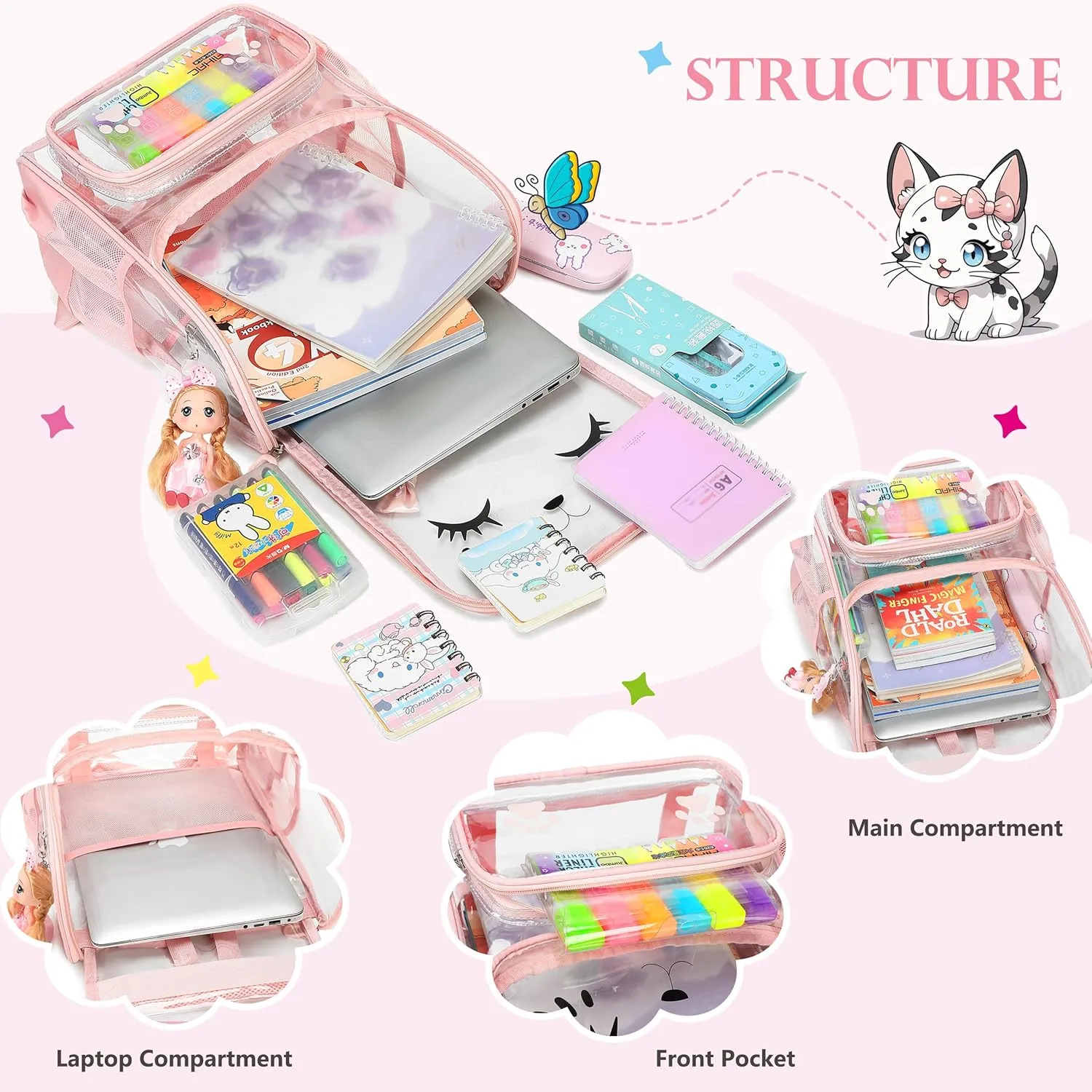 AO ALI VICTORY Clear Girls Backpacks Heavy Duty PVC Transparent Cute Backpack for Kids Toddler Girls Preschool Bookbags Elementary School Bag See Through Casual Travel Daypack, Pink