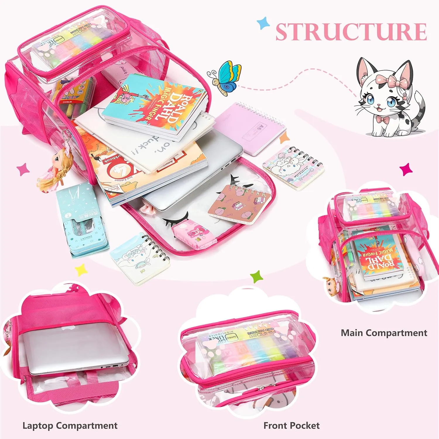 AO ALI VICTORY Clear Girls Backpacks Transparent Cute Backpack for Kids Toddler Preschool Bookbags Elementary School Bag (rose red set 1)