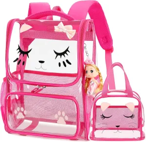 AO ALI VICTORY Clear Girls Backpacks Transparent Cute Backpack for Kids Toddler Preschool Bookbags Elementary School Bag (rose red set 1)