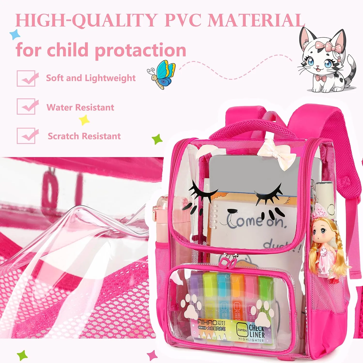 AO ALI VICTORY Clear Girls Backpacks Transparent Cute Backpack for Kids Toddler Preschool Bookbags Elementary School Bag (rose red set 1)