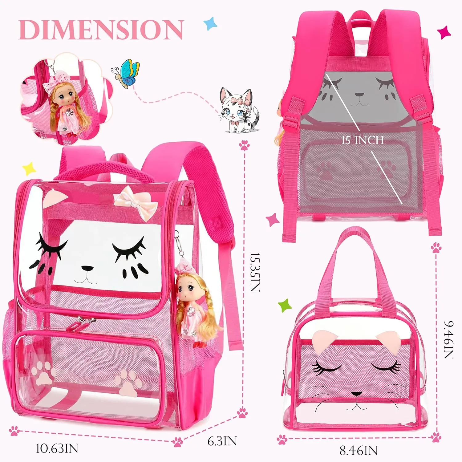 AO ALI VICTORY Clear Girls Backpacks Transparent Cute Backpack for Kids Toddler Preschool Bookbags Elementary School Bag (rose red set 1)