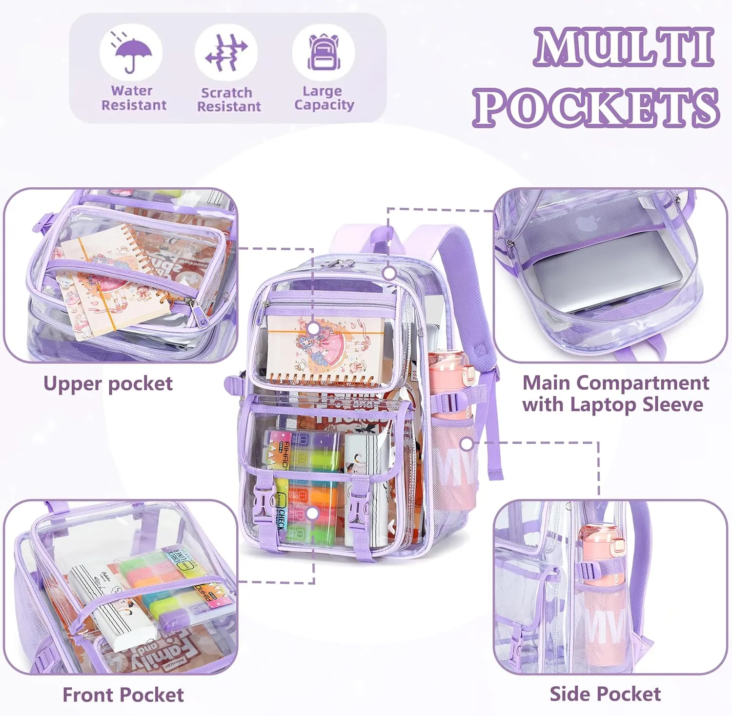 AO ALI VICTORY Large Clear Backpack for Women Men Girls School College Bookbag with Lunch Box Pencil Bag PVC Transparent Backpacks See Through Daypack for Sport Events Stadiums Work Travel,Purple Set
